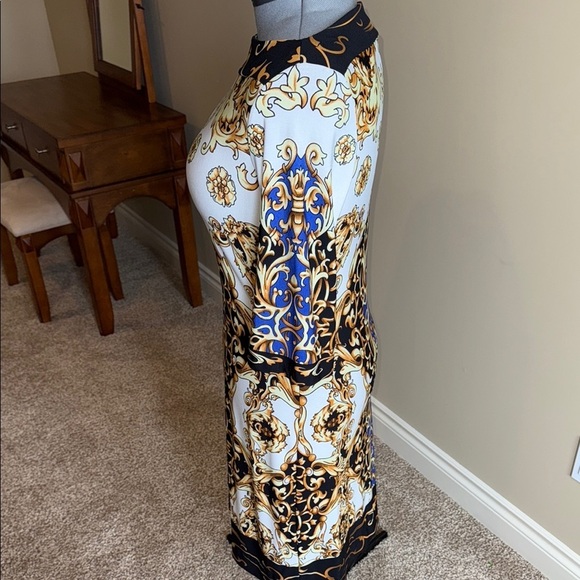 Forever Sheath Dress White Gold Blue Bateau Neckline Dolman Sleeves Women's - Picture 3 of 10